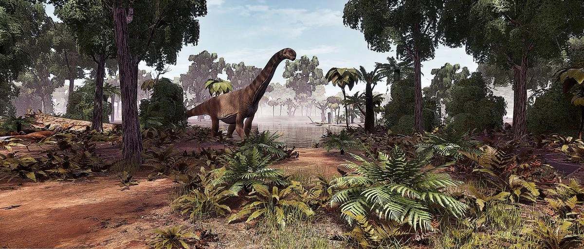 Un saurópodo en el paisaje reconstruido de la película inmersiva Au milieu des dinosaures.