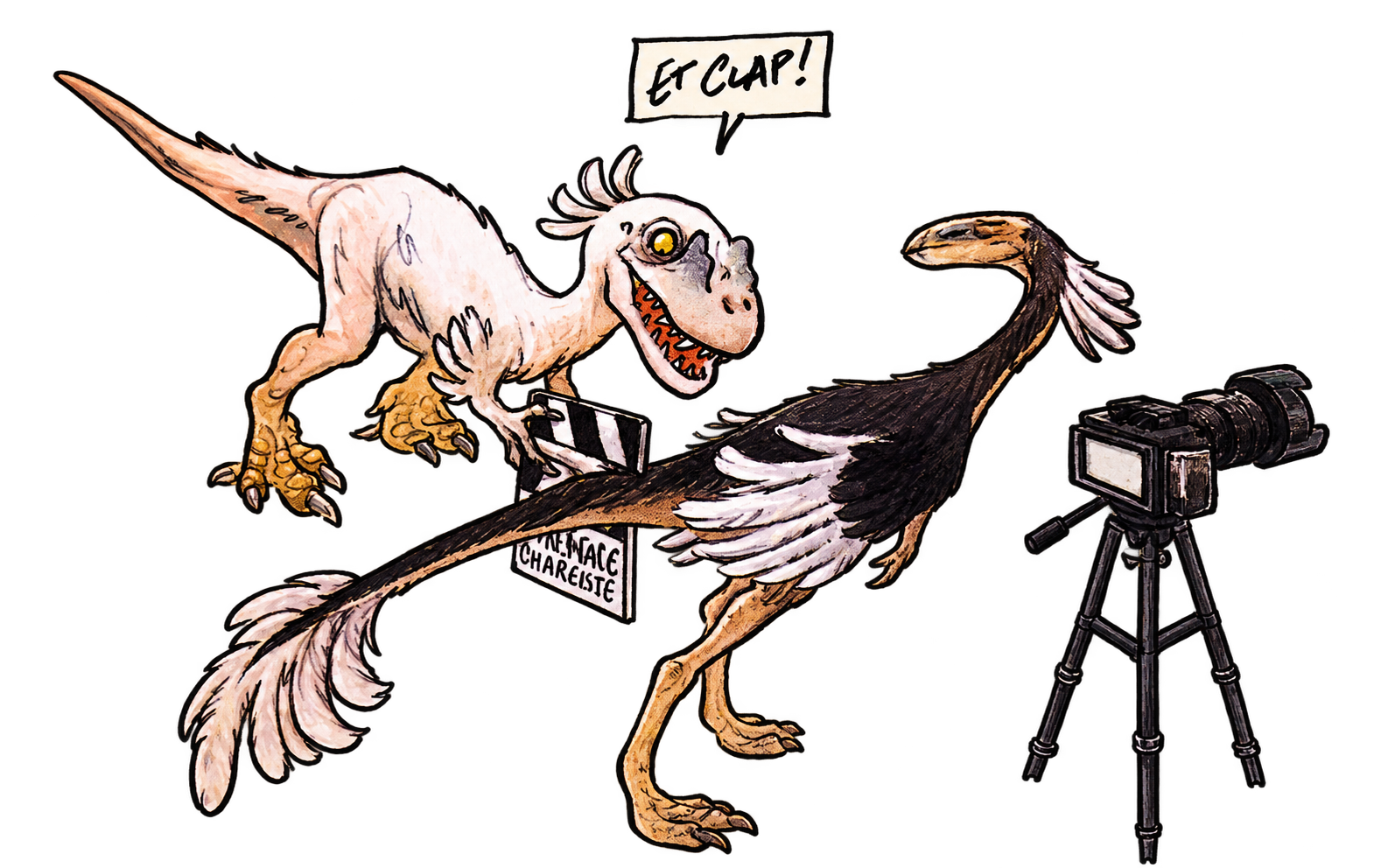 Drawing by Mazan: dinosaurs making a film.